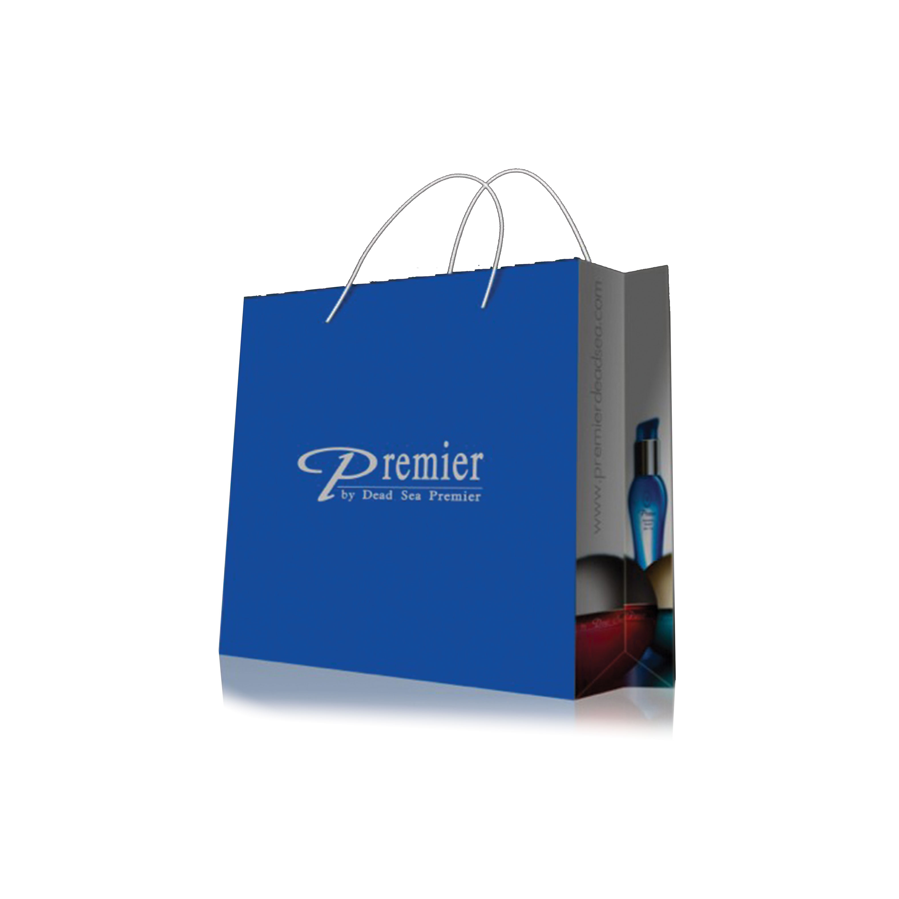 Sample of a shopping bag created for Premier Dead Sea Skin Care that shows images of the skin care bottles on the side.